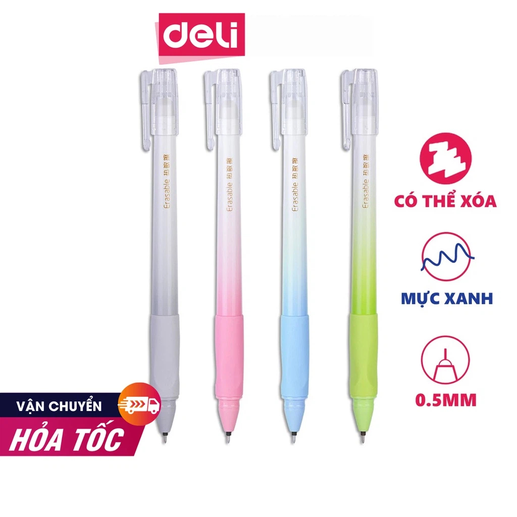 Combo 2 Bút Gel Xóa Được Deli 0.5mm Có Nắp Đậy + Kèm Tẩy Ngòi | Mực Nhiều Màu, Viết Mượt Cho Học Sinh Văn Phòng