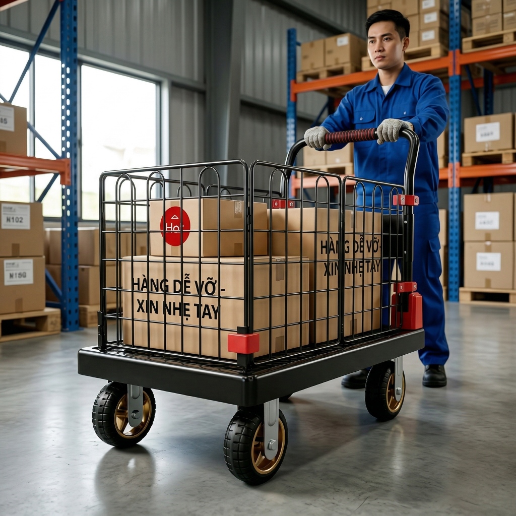 Xe đẩy hàng rào cao bảo vệ 360° chịu lực 600kg bánh xe im lặng xoay  đa năng kho hàng & gia đình