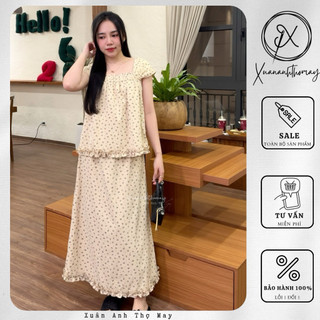 [ S4 ] Set áo cổ vuông chun + chân váy hoa nhí be - Xuananhthomay