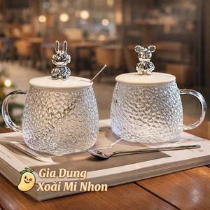 Cốc thuỷ tinh kèm thìa nắp gấu 330ml chịu nhiệt cao tặng kèm thìa thiết kế độc đáo sang trọng an toàn khi sử dụng