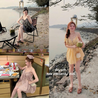 Váy hai dây kẻ kèm chun tóc