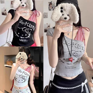 Áo Thun Croptop Dây Buộc Vai Caro Đỏ Trễ Vai In Mèo Kitty Dễ Thương 100% Chất Cotton Mềm Mịn Co Dãn