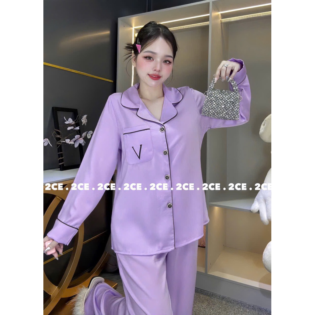 40-60kg Bộ pijama trơn lụa Vân Gỗ có túi áo mặc nhà cho nữ