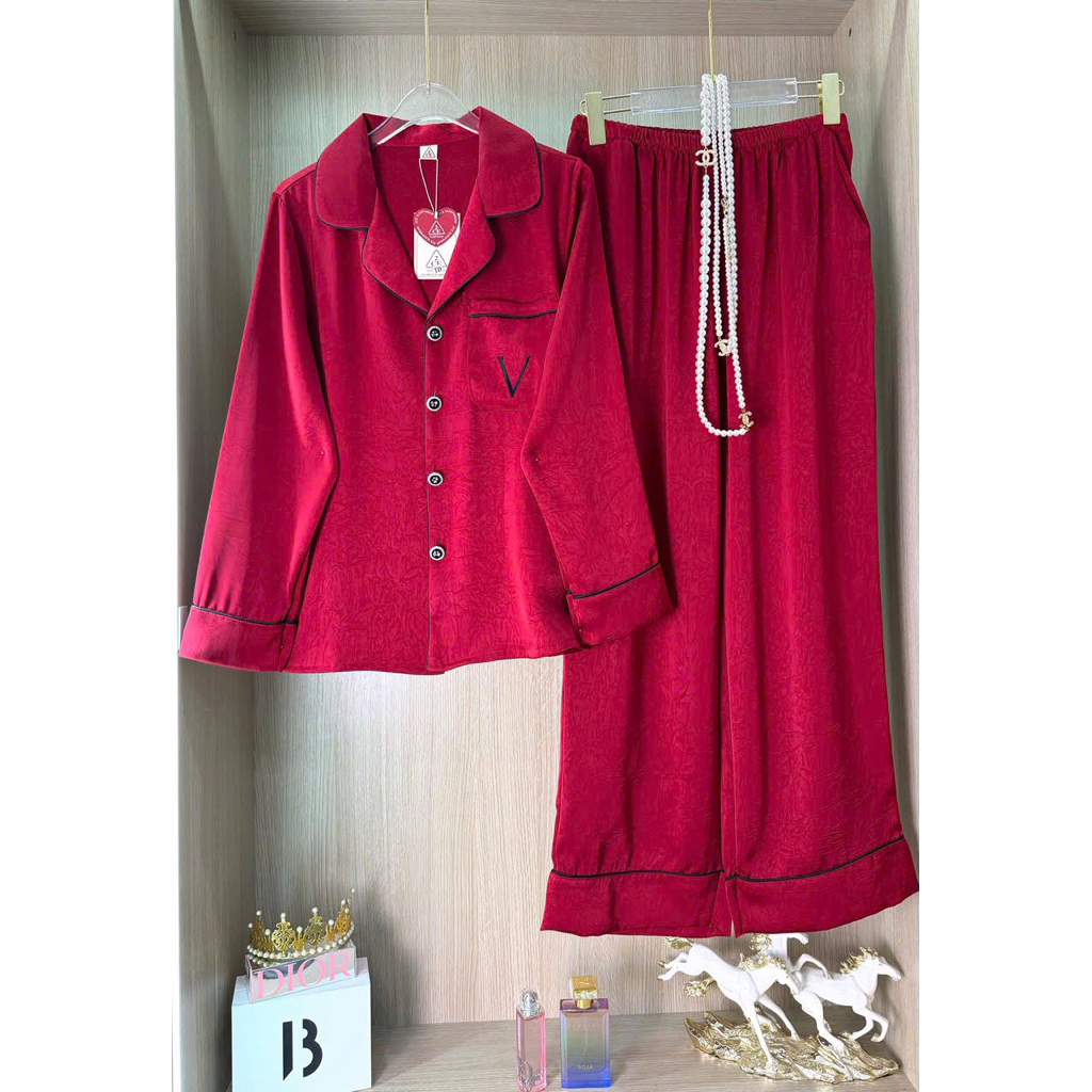 40-60kg Bộ pijama trơn lụa Vân Gỗ có túi áo mặc nhà cho nữ