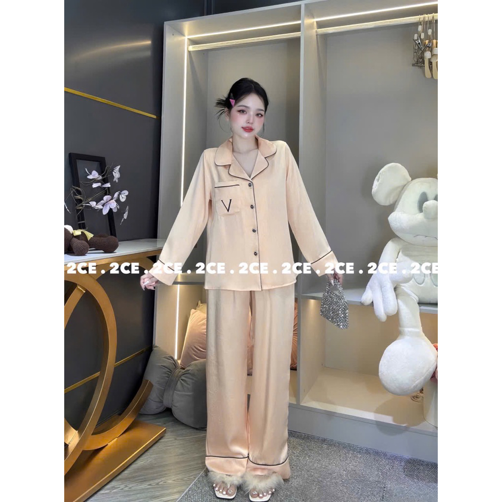40-60kg Bộ pijama trơn lụa Vân Gỗ có túi áo mặc nhà cho nữ