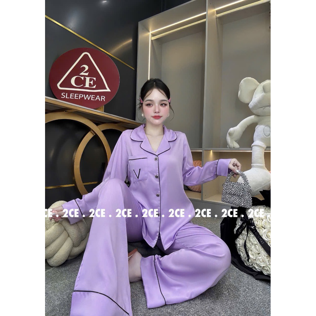 40-60kg Bộ pijama trơn lụa Vân Gỗ có túi áo mặc nhà cho nữ