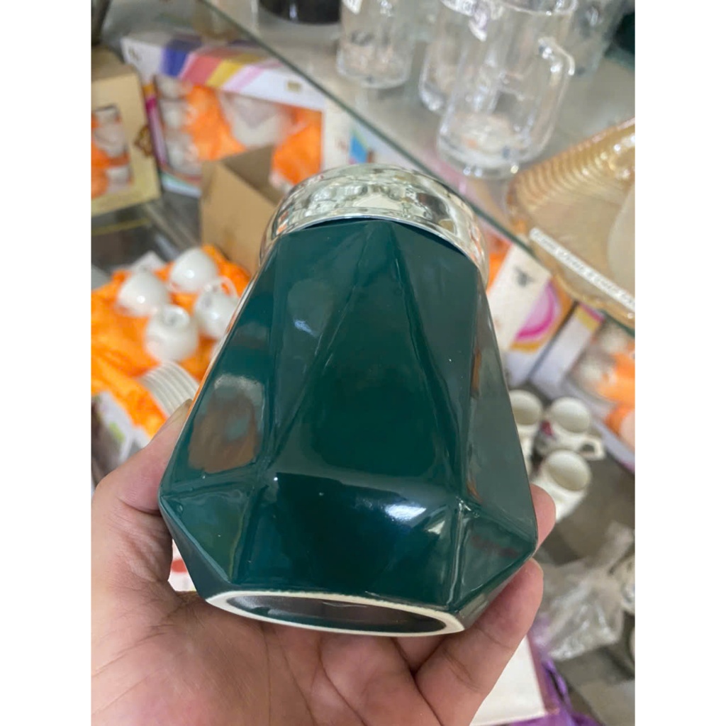 Ly Sứ Xanh Ngọc Viền Bạc, Nắp Tráng Gương – Sang Trọng