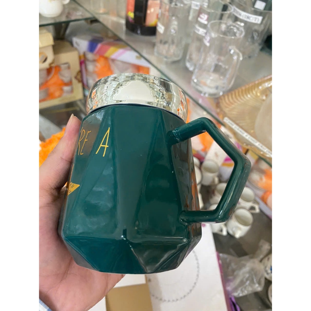 Ly Sứ Xanh Ngọc Viền Bạc, Nắp Tráng Gương – Sang Trọng