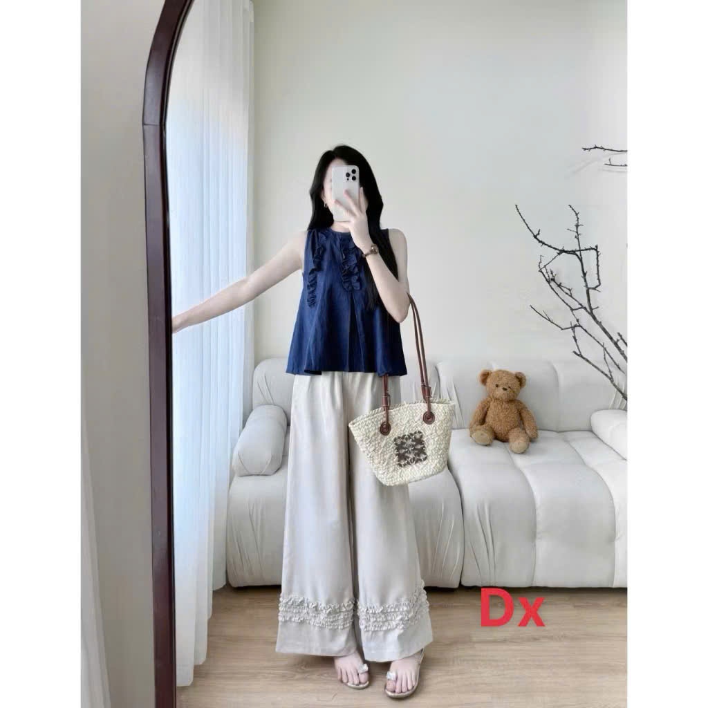 Set Áo Sát Nách Bèo Nhún + Quần Ống Rộng Tuyết Mưa Thanh Lịch