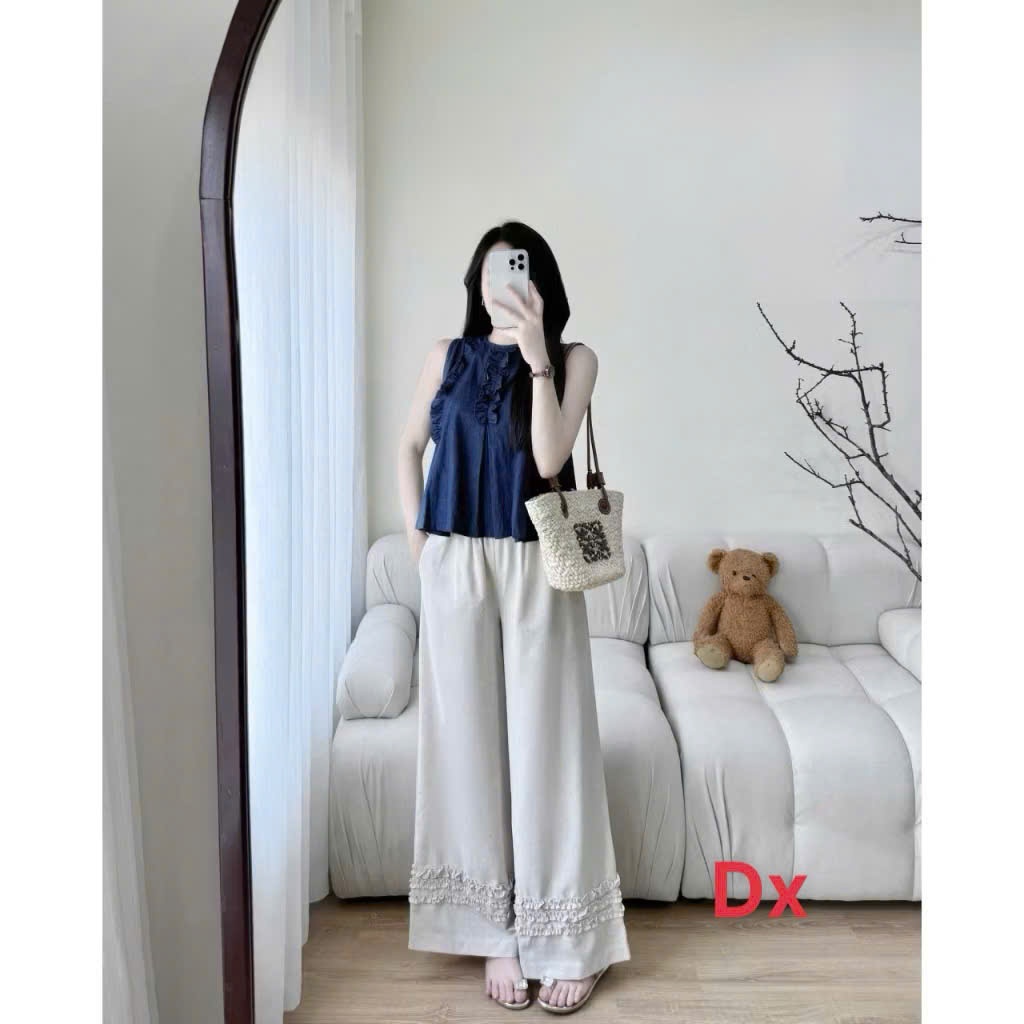 Set Áo Sát Nách Bèo Nhún + Quần Ống Rộng Tuyết Mưa Thanh Lịch