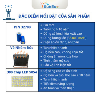 Đèn năng lượng mặt trời 500W SUNECO  - Vỏ nhôm nguyên khối, Chống nước IP69, Pin 32700, BH 3 năm