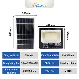Đèn năng lượng mặt trời 500W SUNECO  - Vỏ nhôm nguyên khối, Chống nước IP69, Pin 32700, BH 3 năm
