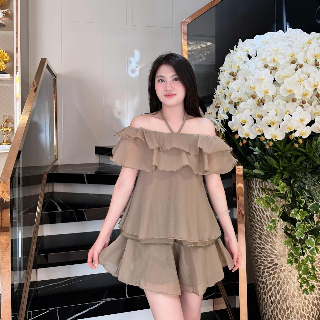 Set Áo Tơ Trễ Vai Cổ Yếm  Kèm Quần Váy Dáng Rộng Chất Tơ Mềm Nhẹ Nhàng Tôn Dáng-B03