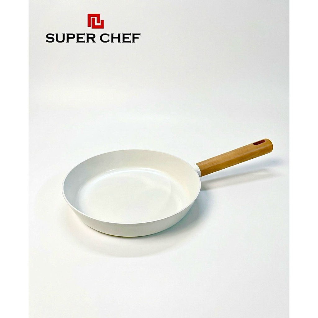 Chảo chiên chống dính Ceramic trắng Super Chef (24cm) - Công nghệ Nhật Bản Cerami-Tech, Tay cầm gỗ, Dùng mọi loại bếp