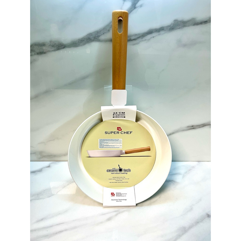 Chảo chiên chống dính Ceramic trắng Super Chef (24cm) - Công nghệ Nhật Bản Cerami-Tech, Tay cầm gỗ, Dùng mọi loại bếp