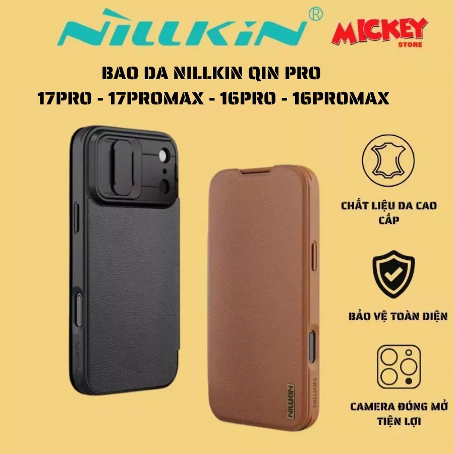 Bao da NILLKIN QIN PRO cho IPhone15/16/17Pro 17Promax thanh trượt bảo vệ camera có khay đựng thẻ