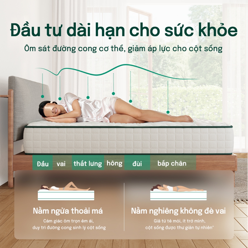 Đệm Lò Xo Túi Độc Lập MOSSWOOD - Chống Xáo Trộn 100%, Không Ảnh Hưởng Người Dịnh, Giảm Đau Lưng