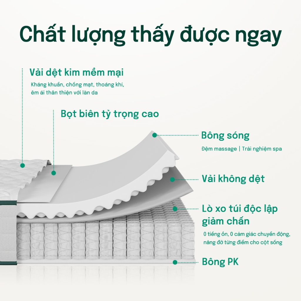 Đệm Lò Xo Túi Độc Lập MOSSWOOD - Chống Xáo Trộn 100%, Không Ảnh Hưởng Người Dịnh, Giảm Đau Lưng