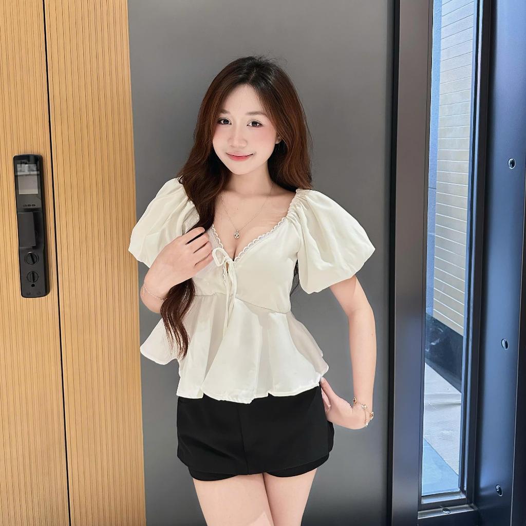 Áo Kiểu Nữ Babydoll  Cổ Tím Viền Ren From Xõa Tôn Dáng, Áo Babydoll Nữ Xinh Tay Phong Hot Trend-B04