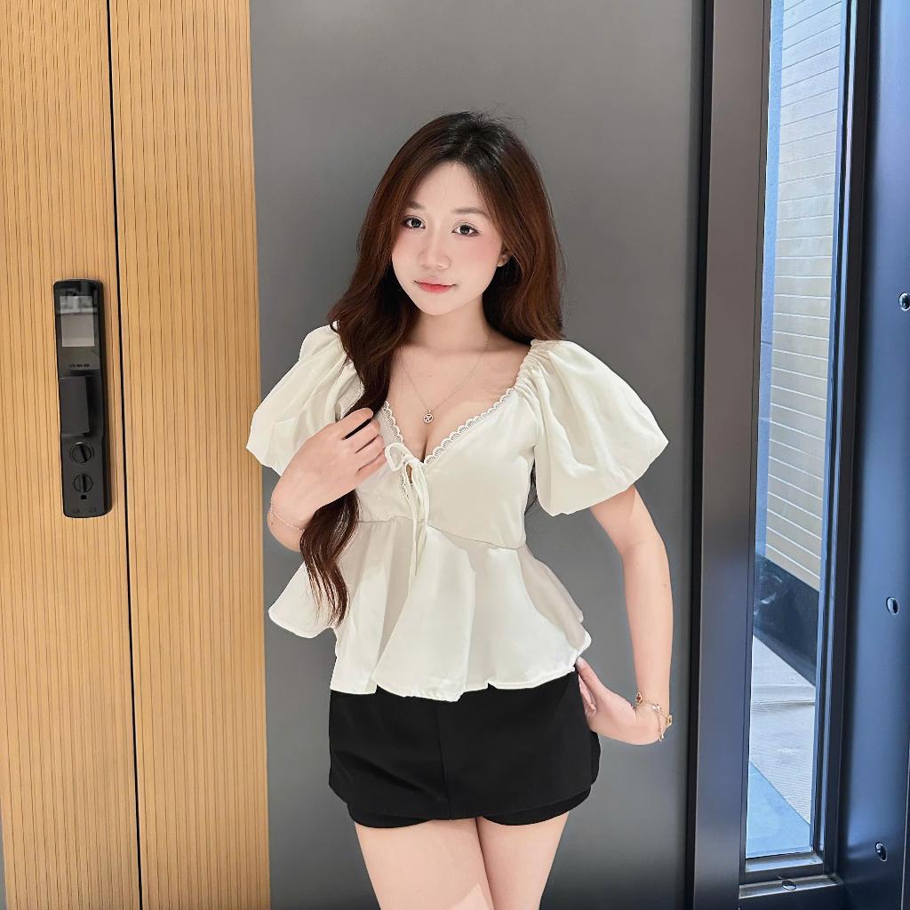 Áo Kiểu Nữ Babydoll  Cổ Tím Viền Ren From Xõa Tôn Dáng, Áo Babydoll Nữ Xinh Tay Phong Hot Trend-B04