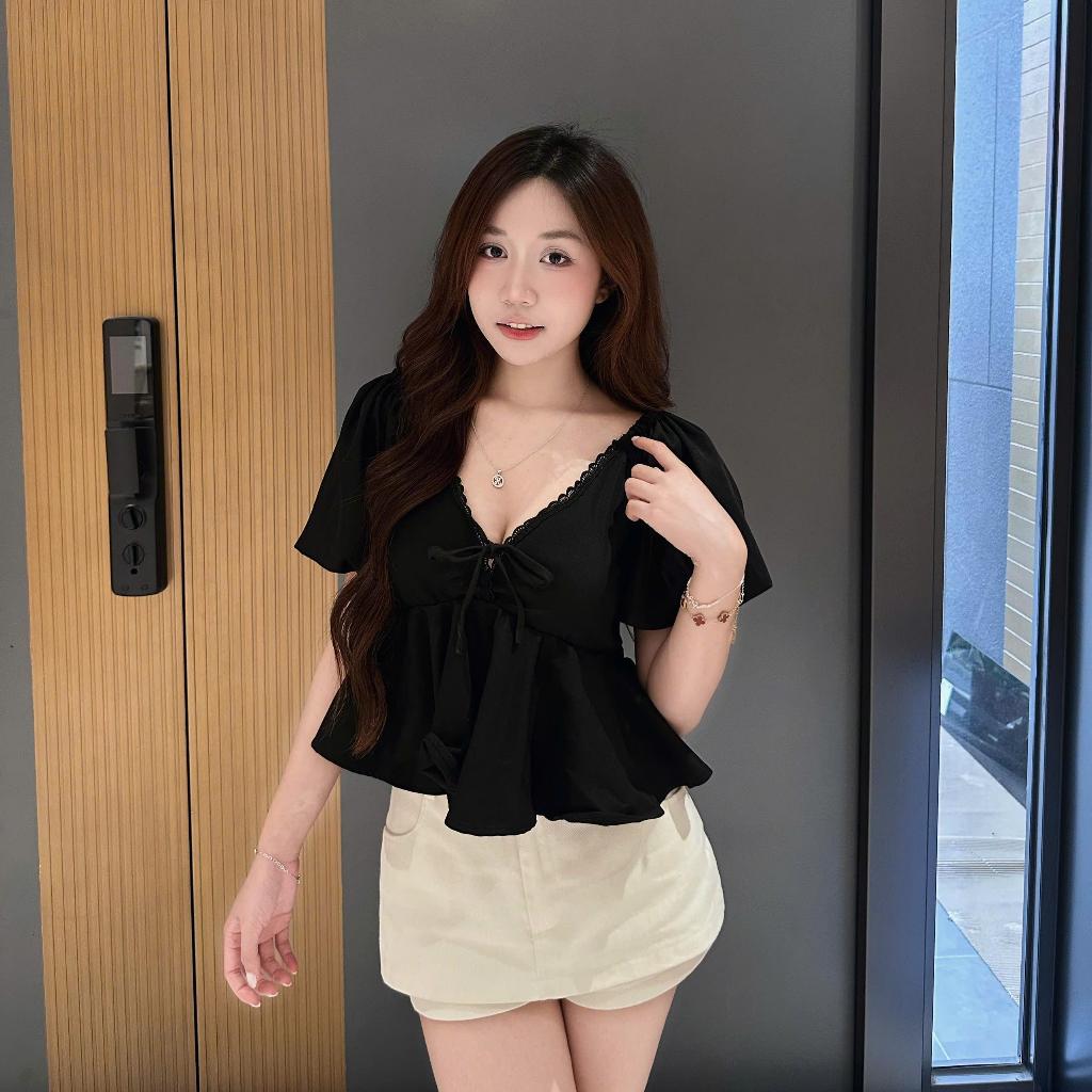 Áo Kiểu Nữ Babydoll  Cổ Tím Viền Ren From Xõa Tôn Dáng, Áo Babydoll Nữ Xinh Tay Phong Hot Trend-B04