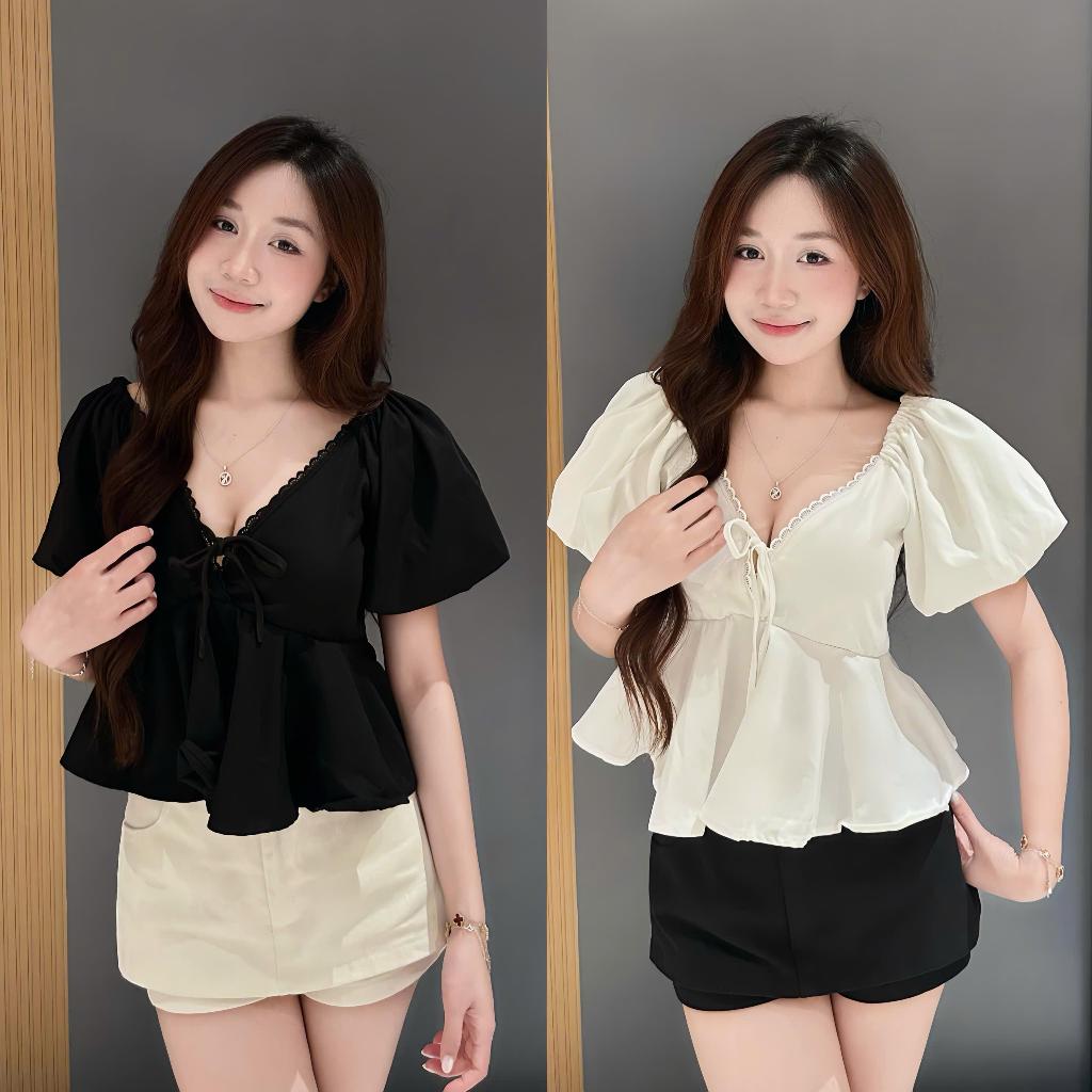 Áo Kiểu Nữ Babydoll  Cổ Tím Viền Ren From Xõa Tôn Dáng, Áo Babydoll Nữ Xinh Tay Phong Hot Trend-B04