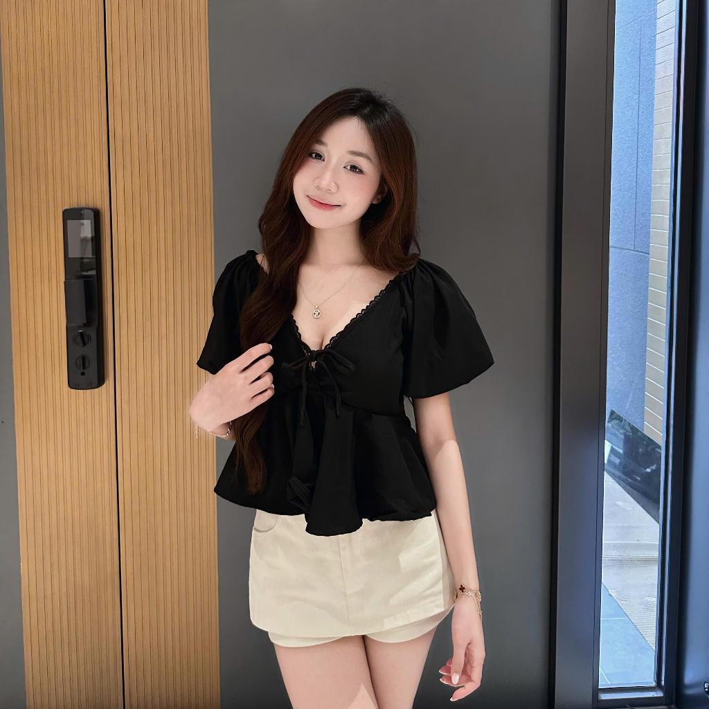 Áo Kiểu Nữ Babydoll  Cổ Tím Viền Ren From Xõa Tôn Dáng, Áo Babydoll Nữ Xinh Tay Phong Hot Trend-B04