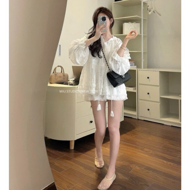 Set bộ đồ nữ phối ren cao cấp-Áo ren trắng tiểu thư tay bồng phối bèo dáng rộng + quần short style HQ mặc đi chơi đi dạo