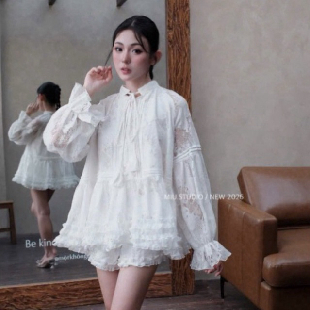Set bộ đồ nữ phối ren cao cấp-Áo ren trắng tiểu thư tay bồng phối bèo dáng rộng + quần short style HQ mặc đi chơi đi dạo