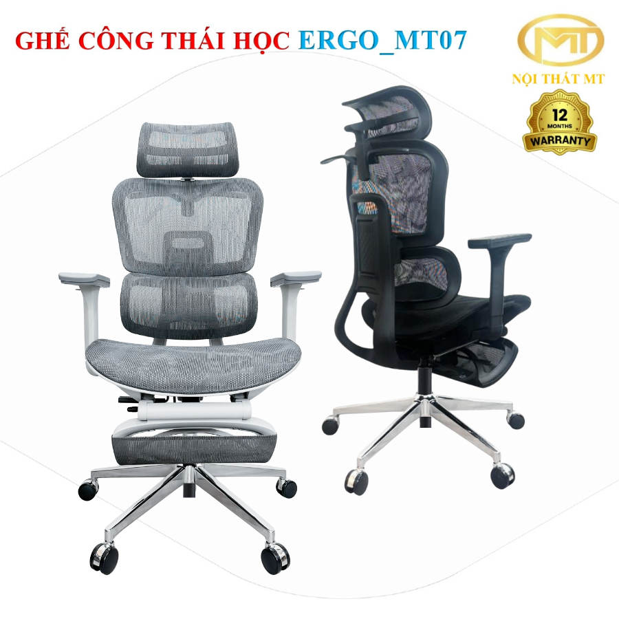 Ghế Công Thái Học Ergo_MT07 ngã lưng 140 độ tích hợp gác chân thư giãn, tựa đầu 3D, tay chỉnh 4D. Sử dụng piston class4.