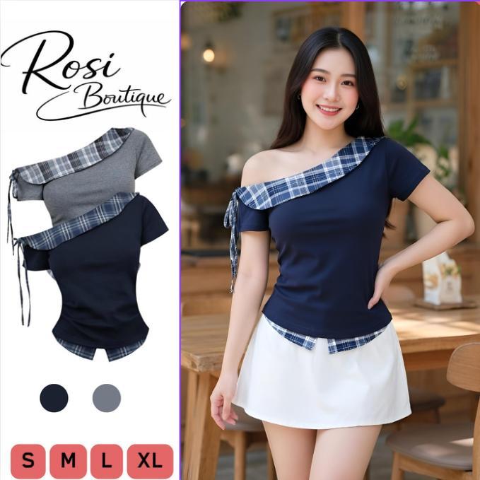Áo Thun Lệch Vai Thiết Kế Phối Caro Vải Boirb Contton Dễ Thương Cho Nữ-B02