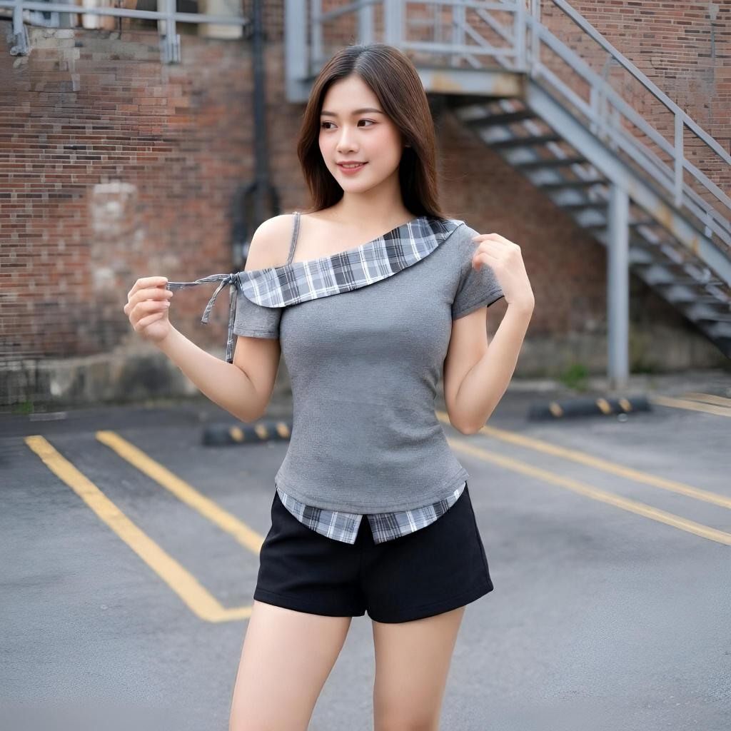 Áo Thun Lệch Vai Thiết Kế Phối Caro Vải Boirb Contton Dễ Thương Cho Nữ-B02