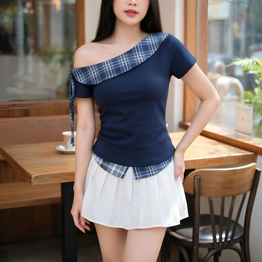 Áo Thun Lệch Vai Thiết Kế Phối Caro Vải Boirb Contton Dễ Thương Cho Nữ-B02
