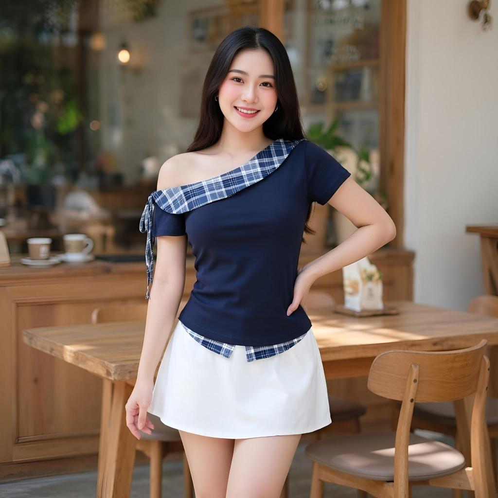 Áo Thun Lệch Vai Thiết Kế Phối Caro Vải Boirb Contton Dễ Thương Cho Nữ-B02