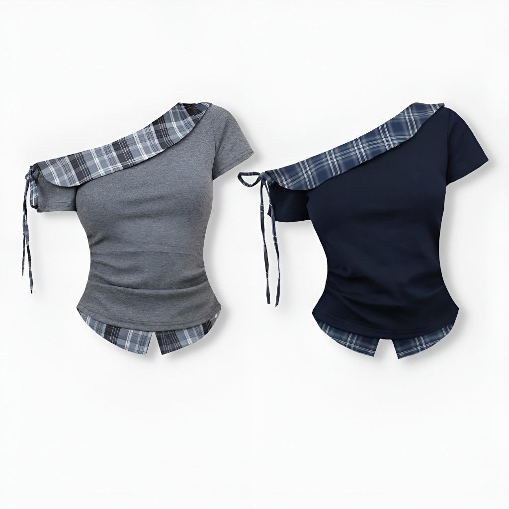 Áo Thun Lệch Vai Thiết Kế Phối Caro Vải Boirb Contton Dễ Thương Cho Nữ-B02