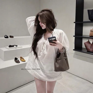 Áo váy tơ nhăn tiểu thư tay bồng thiết kế dáng babydoll phối viền bèo thắt nơ sang chảnh style Hàn Quốc trẻ trung