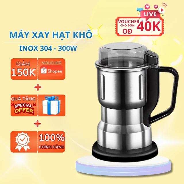 Máy Xay Hạt Khô, Máy Xay Bột, Máy Xay ngũ cốc Mini Công Suất 250W lưỡi dao 6 cánh Thân Máy Bằng Thép Không Gỉ