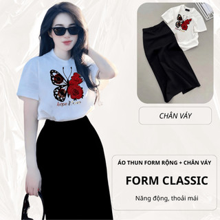 Set Bộ Áo Thun Nữ CHEPOL Form Rộng, Phối Chân Váy Dài, In Con Bướm, Chất Cotton ( Áo Phông Trắng+Chân Váy Suông)CP_x8510