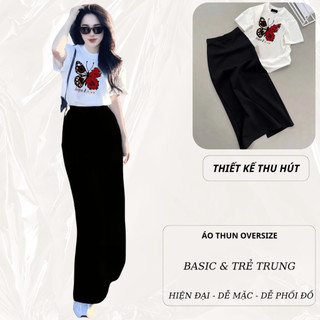 Set Bộ Áo Thun Nữ CHEPOL Form Rộng, Phối Chân Váy Dài, In Con Bướm, Chất Cotton ( Áo Phông Trắng+Chân Váy Suông)CP_x8510
