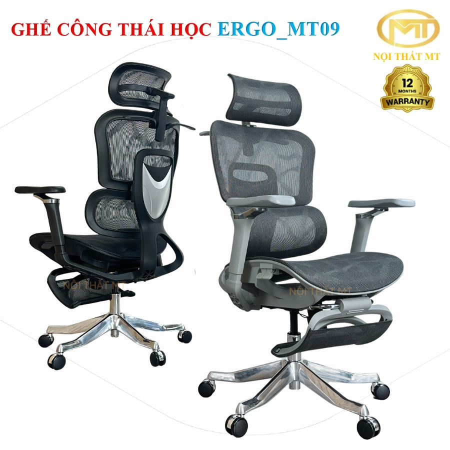 Ghế Công Thái Học Ergo_MT09 ngã lưng 140 độ tích hợp gác chân thư giãn, tựa đầu 3D, tay chỉnh 5D. Sử dụng piston class4.