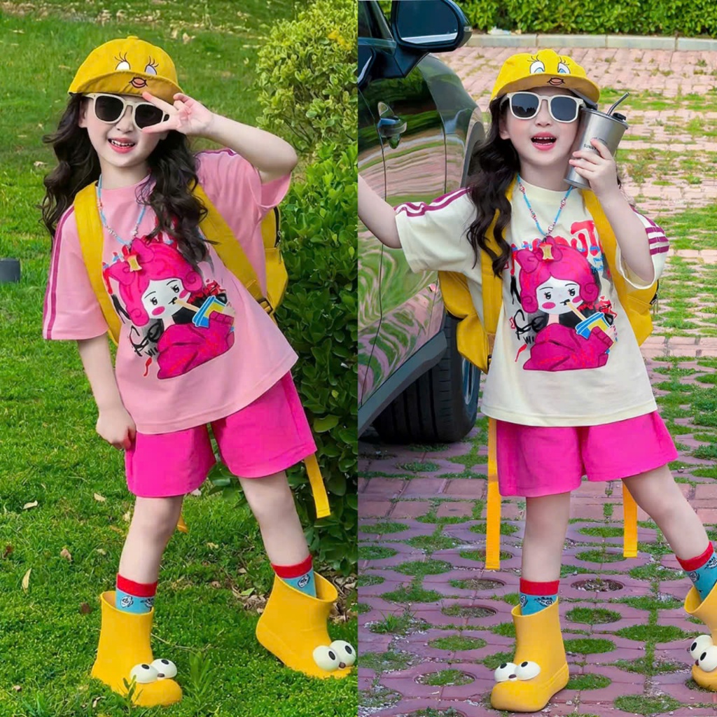 Sét quần áo đi chơi cho bé gái,in hình cô gái,tay in 3 sọc,chất vải cotton thấm hút mồ hôi thoải mái cho bé.M77
