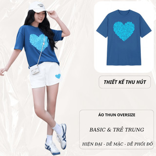 Bộ Áo Phông Nữ Chepol Form Rộng, In Trái Tim, Cổ Tròn, Phối Chân Váy, Chất Cotton (Áo Thun Xám Xanh + Quần Đùi)-CP_10000