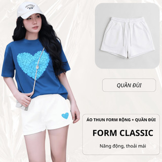 Bộ Áo Phông Nữ Chepol Form Rộng, In Trái Tim, Cổ Tròn, Phối Chân Váy, Chất Cotton (Áo Thun Xám Xanh + Quần Đùi)-CP_10000