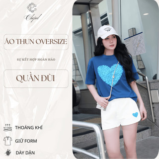 Bộ Áo Phông Nữ Chepol Form Rộng, In Trái Tim, Cổ Tròn, Phối Chân Váy, Chất Cotton (Áo Thun Xám Xanh + Quần Đùi)-CP_10000
