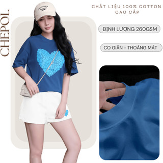 Bộ Áo Phông Nữ Chepol Form Rộng, In Trái Tim, Cổ Tròn, Phối Chân Váy, Chất Cotton (Áo Thun Xám Xanh + Quần Đùi)-CP_10000