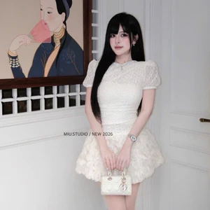 Váy dự tiệc dáng ngắn cộc tay phối chân hoa nổi cao cấp sang chảnh, Đầm ren công chúa bồng bềnh ôm body tôn dáng