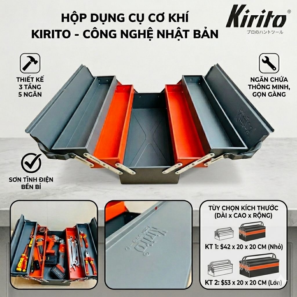 Thùng Đồ Nghề Kirito 3 Tầng 5 Khay Thép Sơn Tĩnh Điện, Hộp Đựng Dụng Cụ Sửa Chữa Chính Hãng