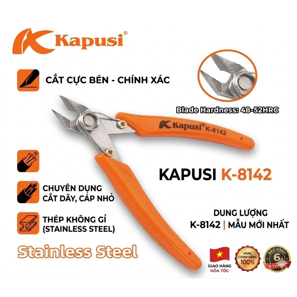 Kìm Cắt Chân Linh Kiện Kapusi K-8142 Thép Không Gỉ Cao Cấp - Kìm Cắt Dây Đồng, Dây Điện Nhỏ Sắc Bén