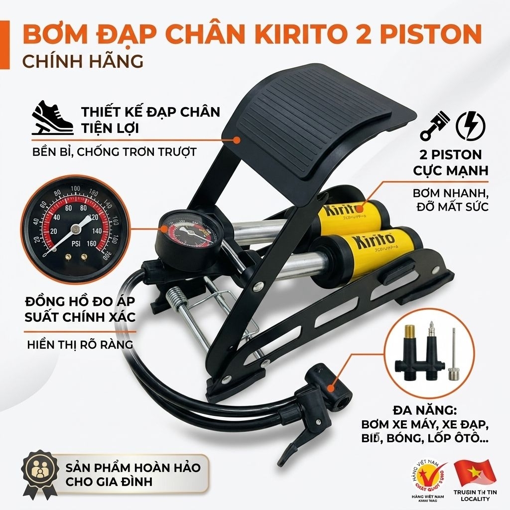 Bơm đạp chân Kirito 2 piston có đồng hồ đo áp suất dùng cho xe máy ô tô xe đạp