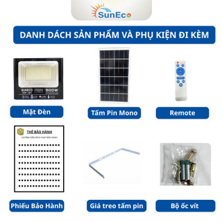 Đèn năng lượng mặt trời 500W SUNECO  - Vỏ nhôm nguyên khối, Chống nước IP69, Pin 32700, BH 3 năm